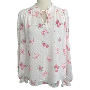 Joie Top Sz M Ribbon Print Semi Sheer Resort Coastal Chic Designer Boho Feminine